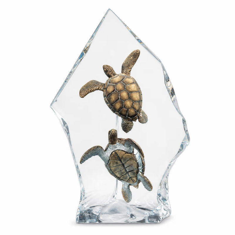 acrylic sculpture with two turtles on a white background. Intrepid Spirit by artist Kitty Cantrell