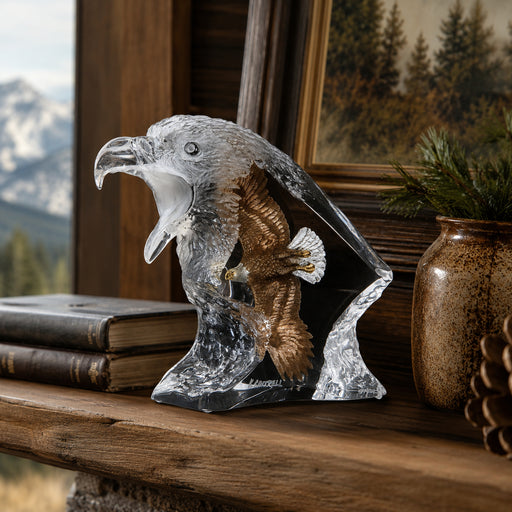 lucite eagle head sculpture by artist Kitty Cantrell. Positiioned on mantle