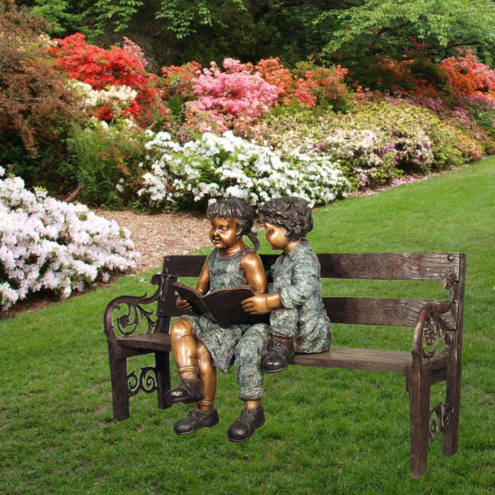 Young Boy & Girl on Bench with Book Bronze Sculpture