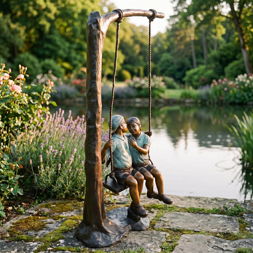 Bronze statue of two children on a swing in a garden setting with a pond in the background