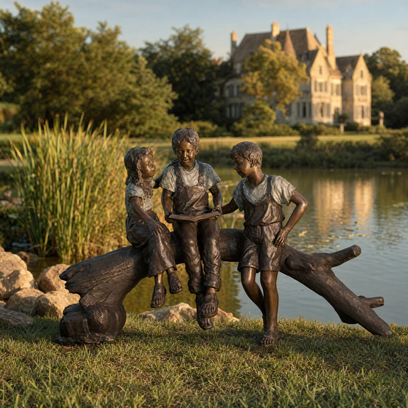 Bronze sculpture of three children on a log by a pond with a house in the background