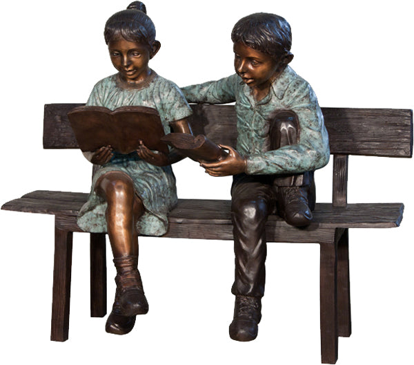 Girl & Boy Reading on Bench Bronze Sculpture