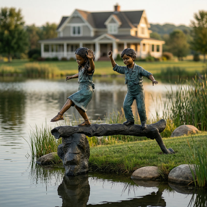 Boy & Girl Walking on Log Bronze Sculpture