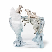 Lucite sculpture of polar bears and a cub on ice by Kitty Cantrell