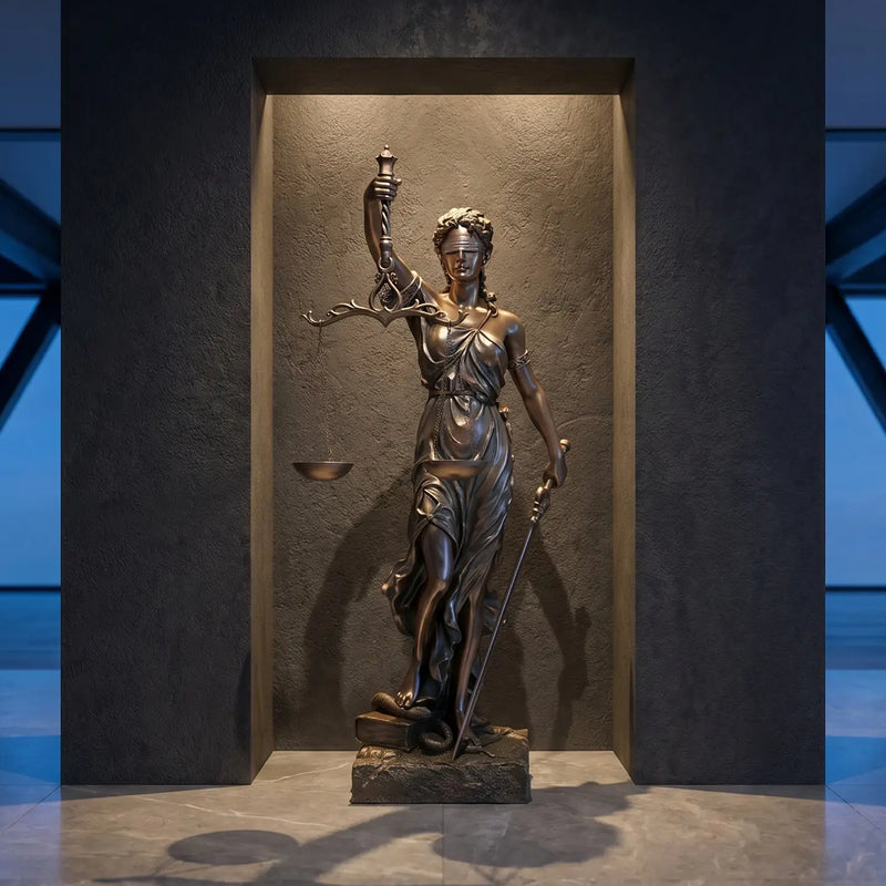 Blind Lady Justice Statue in modern style law office