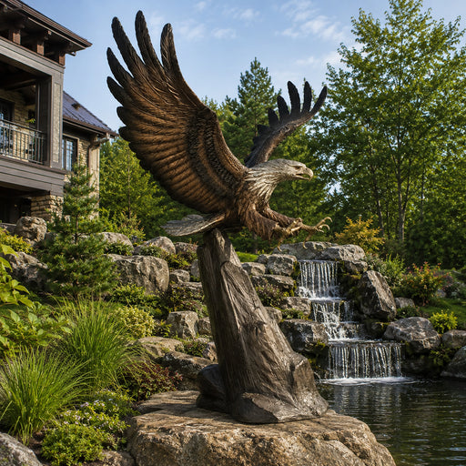 large bronze eagle garden statue positioned on rock with waterfall in background