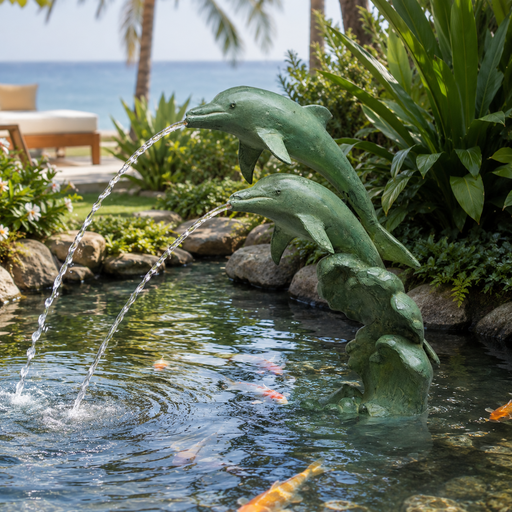 Decorative dolphin fountain in a garden pond with fish swimming around. SPI Home Model 51122