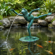 Bronze frog sculpture spouting water into a pond with fish and greenery.
