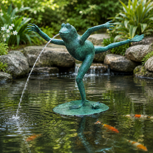 Bronze frog sculpture spouting water into a pond with fish and greenery.