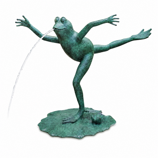 Bronze frog sculpture spouting water on a white background