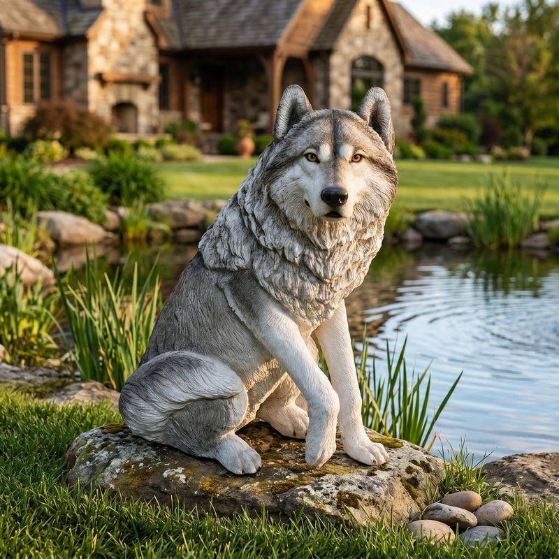 Gray life like wolf statue on a rock by a pond with a lodge style home in the background