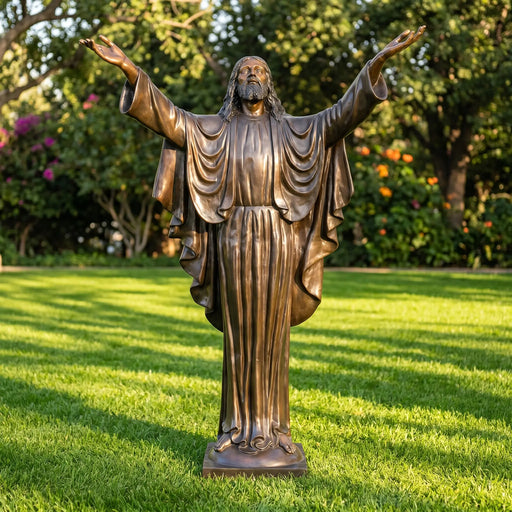 Bronze statue of a Jesus with outstretched arms on grass