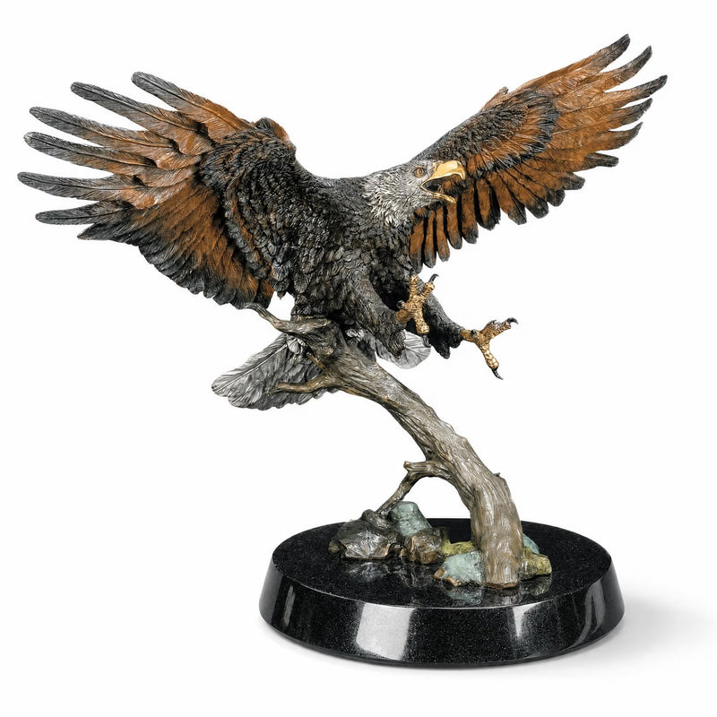 large table top bronze eagle sculpture on round marble base. Limited edition art sculpture by artist Kitty Cantrell. White background