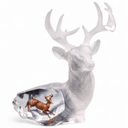 lucite deer figurine with a smaller deer inside on a white background. Title: Majestic Spirit. Artist: Kitty Cantrell