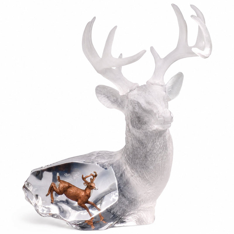 lucite deer figurine with a smaller deer inside on a white background. Title: Majestic Spirit. Artist: Kitty Cantrell