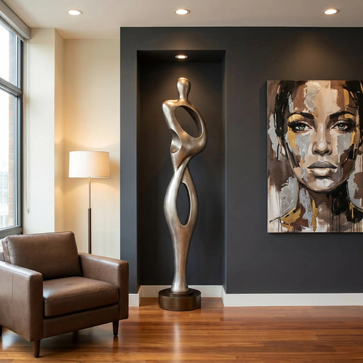 Modern figurative art sculpture in silver. Abstract picture of female face painting hanging. Modern living room