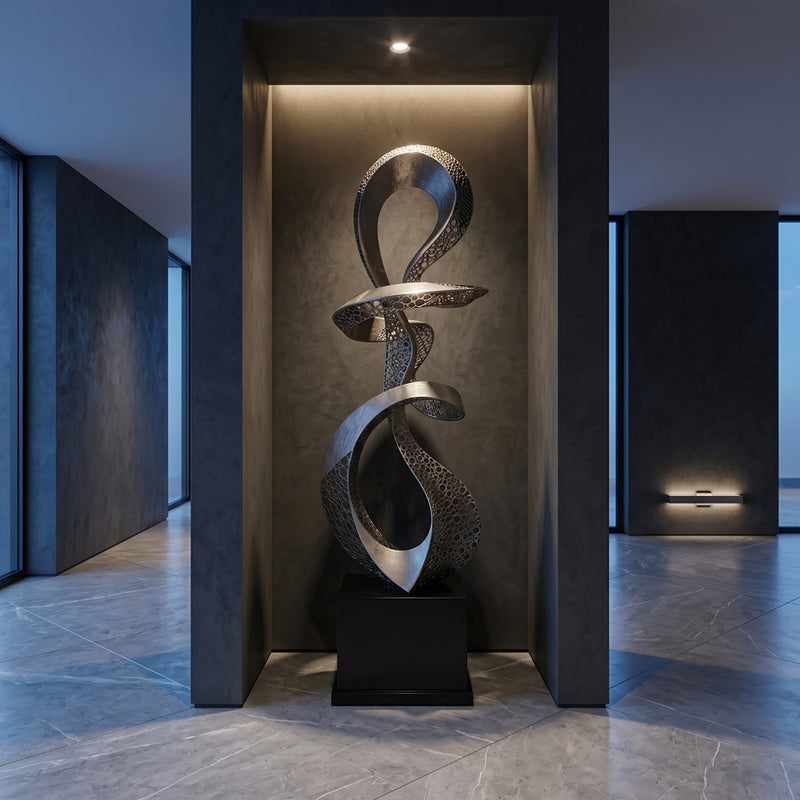 Modern abstract sculpture in a darkly lit room with geometric design