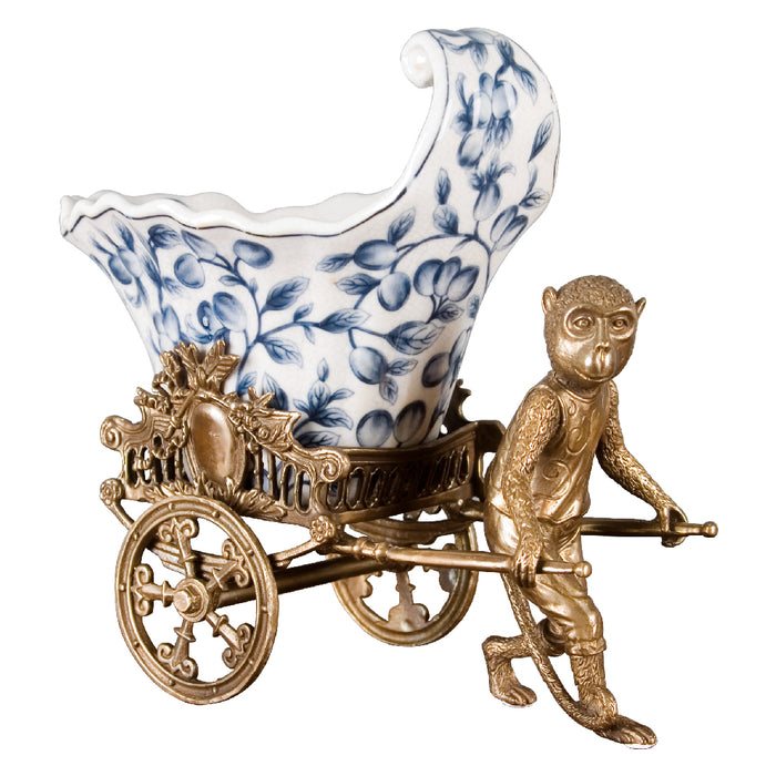 Monkey Pulling Rickshaw Sculpture-Porcelain & Bronze