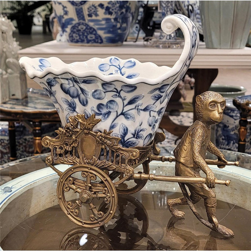 Monkey Pulling Rickshaw Sculpture-Porcelain & Bronze