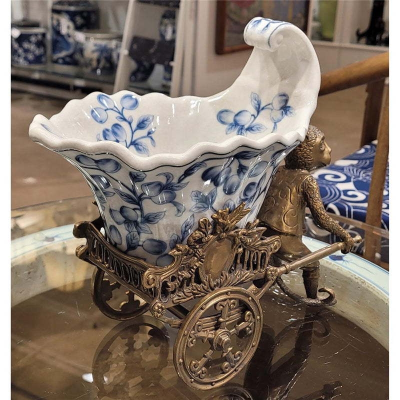 Monkey Pulling Rickshaw Sculpture-Porcelain & Bronze