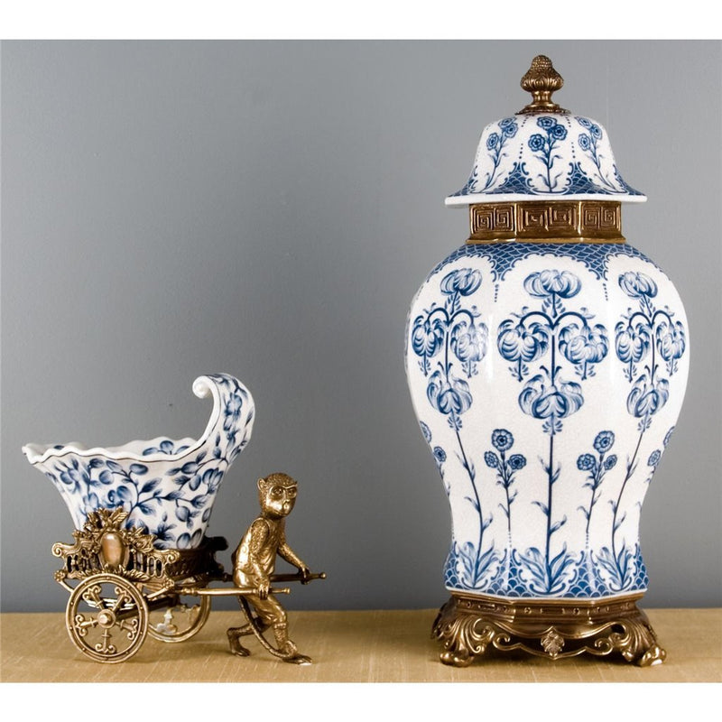 Monkey Pulling Rickshaw Sculpture-Porcelain & Bronze