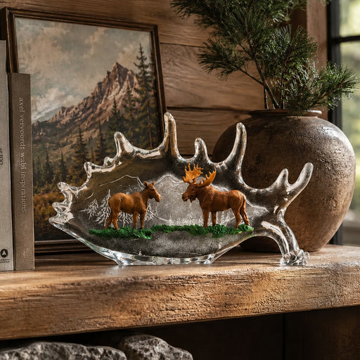 Noble Companion Moose Sculpture on shelf with painting of mountains behind