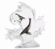 clear sculpture with two whales on a white background. Title: Mother Nature. Artist: Kitty Cantrell