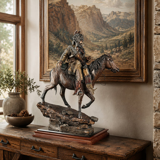Statue of a mountain man on horseback on a wooden table with a mountain landscape painting in the background.