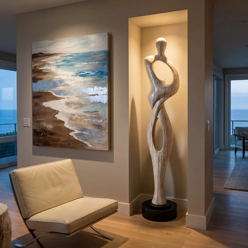 Abstract figurative standing sculpture in living room of beach house.