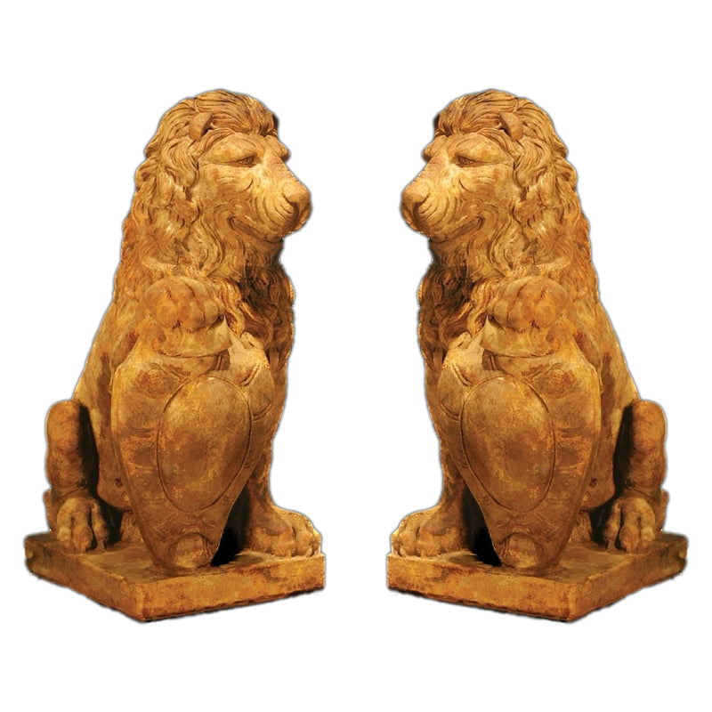 Lion Statue on Pedestal Pair- Cast Stone