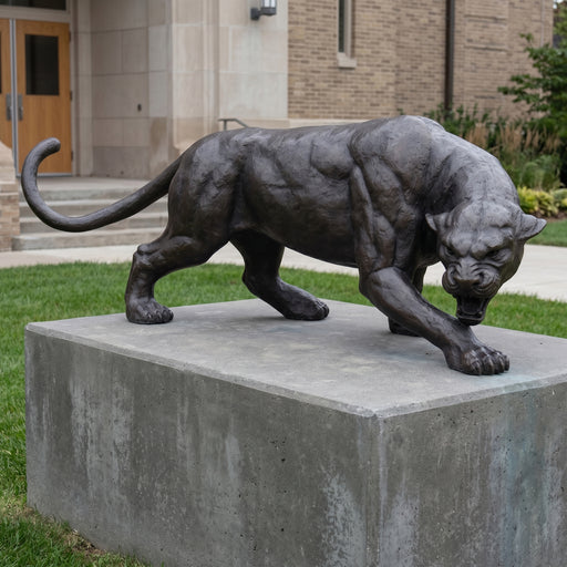 Bronze panther statue on a pedestal in front of a building