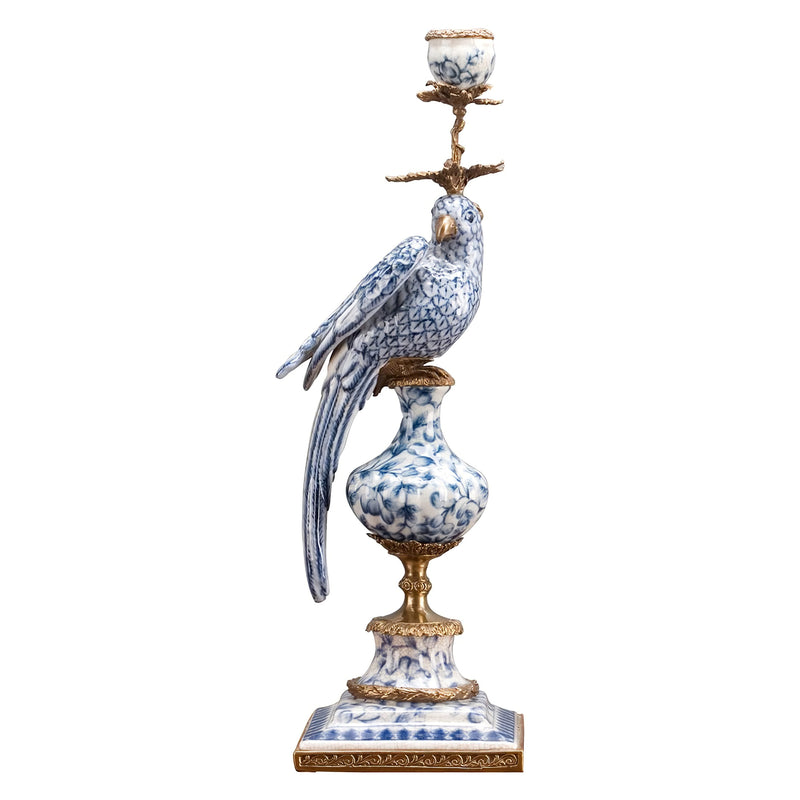 Blue & White Parrot Candle Holder-Porcelain & Bronze