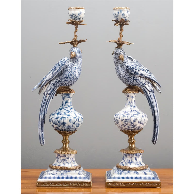 Blue & White Parrot Candle Holder-Porcelain & Bronze