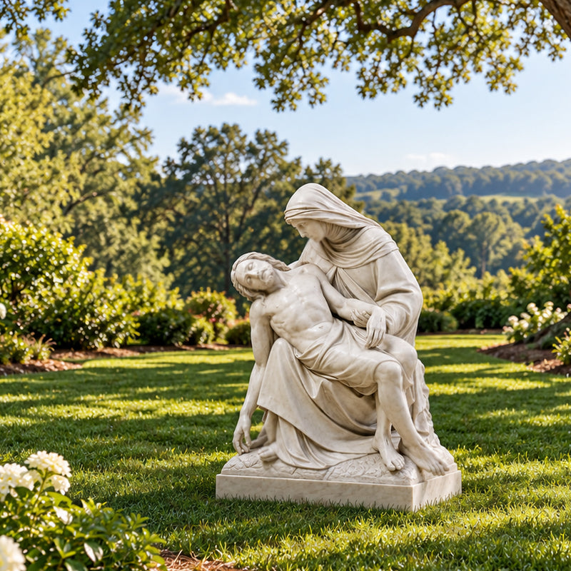 Pieta garden statue in outdoor setting under tree