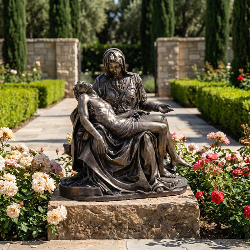 Pieta Sculpture in garden setting surrounded by roses
