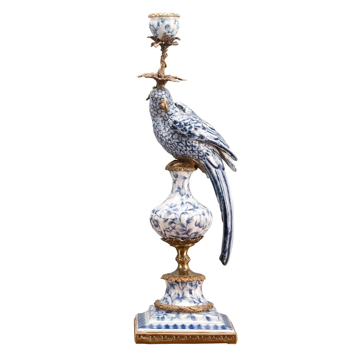Blue & White Parrot Candle Holder-Porcelain & Bronze