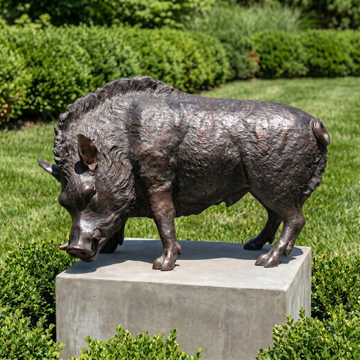 Bronze statue of a razorback boar on a pedestal in a garden setting