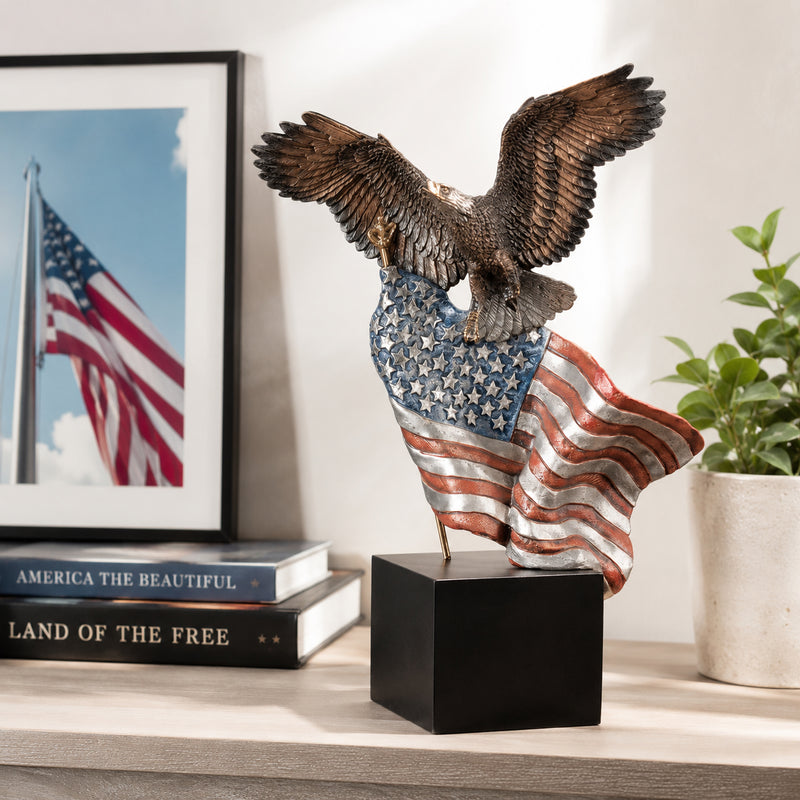 Eagle with American Flag Statue made of bronze on black marble base