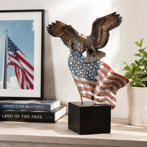 Eagle with American Flag Statue made of bronze on black marble base
