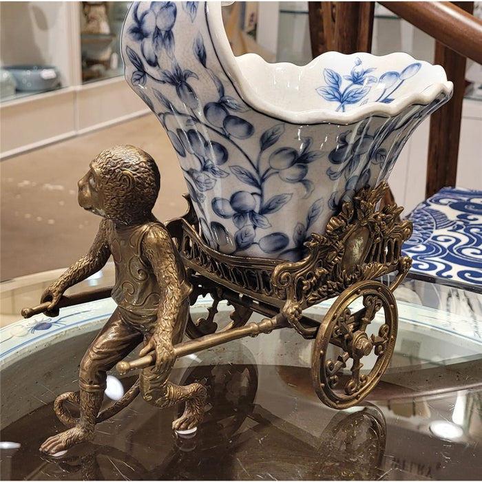 Monkey Pulling Rickshaw Sculpture-Porcelain & Bronze