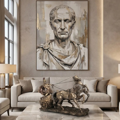 Living room with a large portrait of Caesar  on the wall above a sofa and Roman chariot sculpture on coffee table.