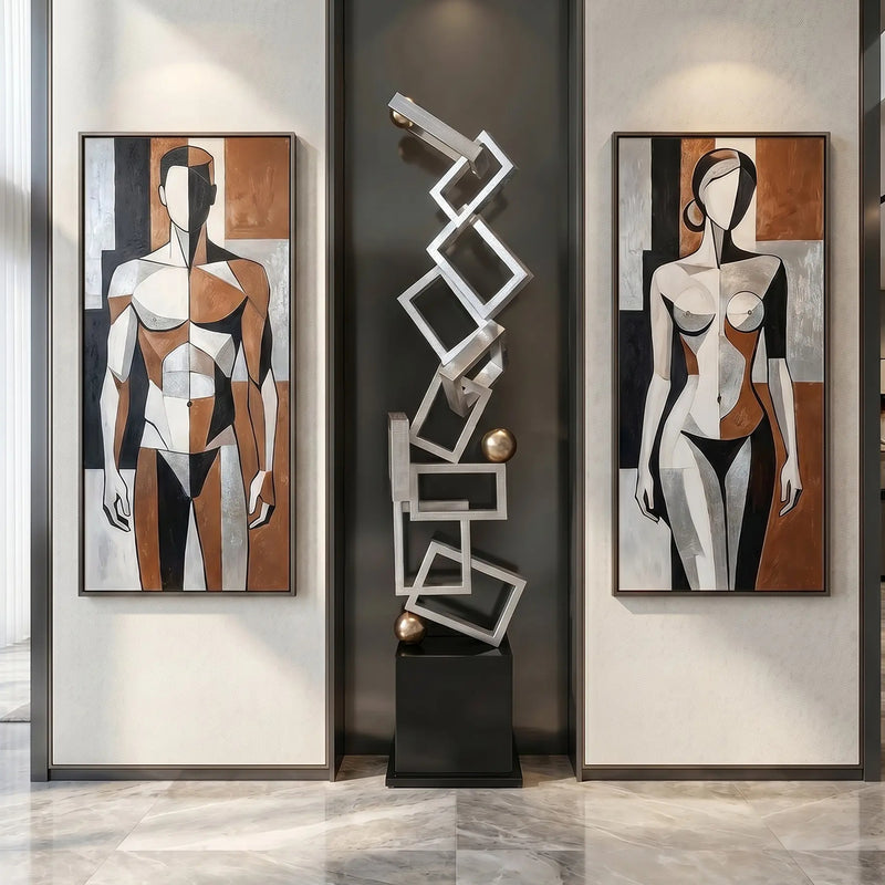Modern interior design with cubism style wall art and decorative cubism style standing sculpture.