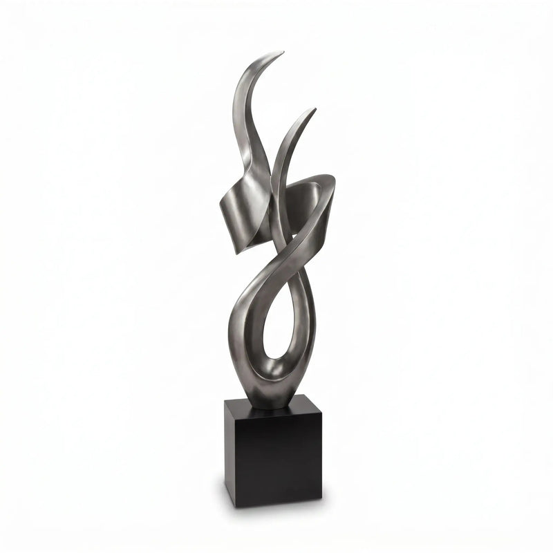 abstract dark silver floor sculpture on black base