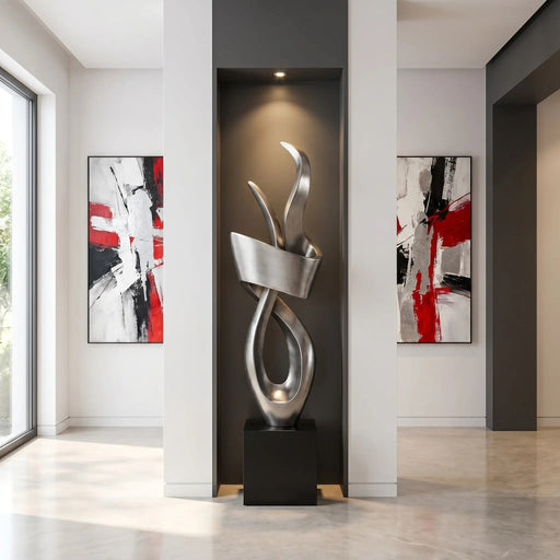 Modern abstract standing silver sculpture in a room with abstract art on the walls