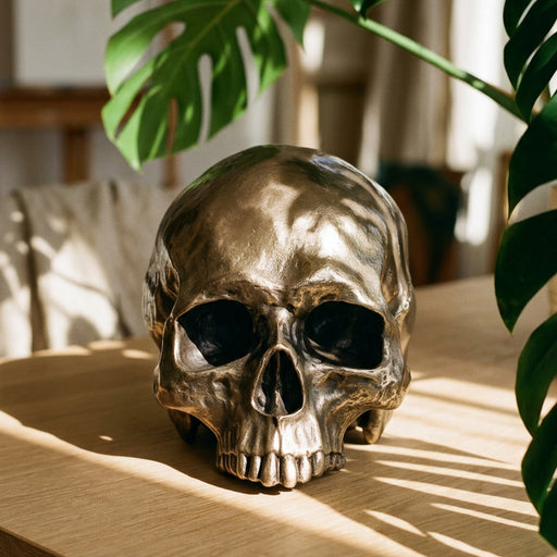 Decorative skull on a table with plants in the background