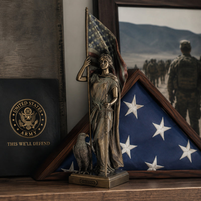 Statue of Lady Liberty holding an American flag with a framed picture of soldiers in the background.
