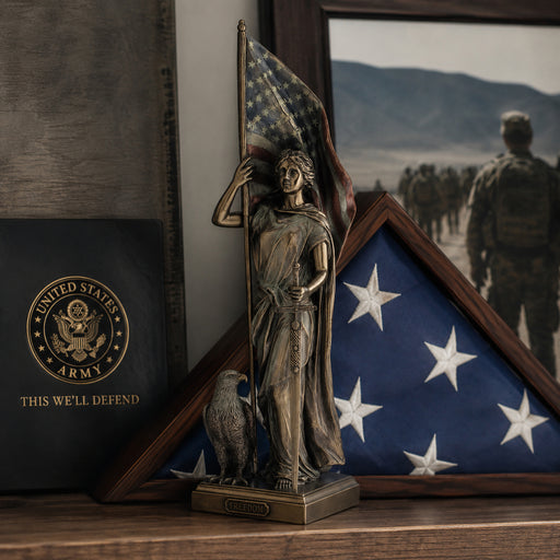 Statue of Lady Liberty holding an American flag with a framed picture of soldiers in the background.