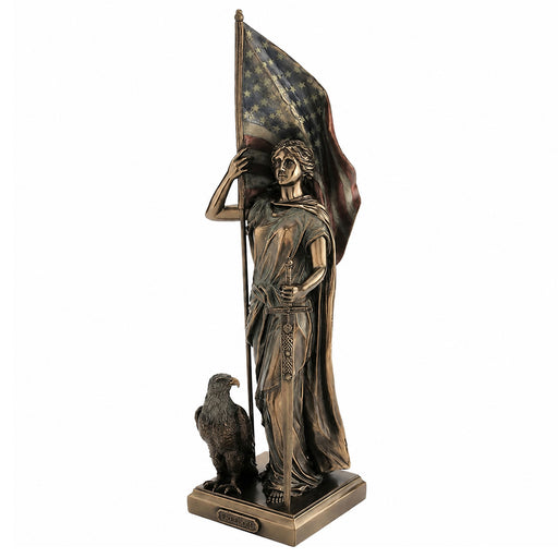 Cold cast bronze statue of Lady Liberty holding the American flag. Eagle sitting beside.