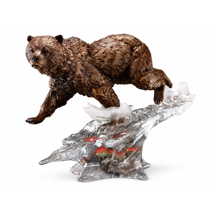 Mixed media sculpture of a bear walking with salmon swimming below. Made of bronze and Lucite. Artist: Kitty Cantrell. Made by Starlite Originals