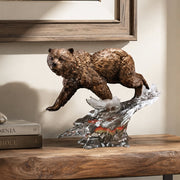 bronze and lucite bear sculpture in lodge setting